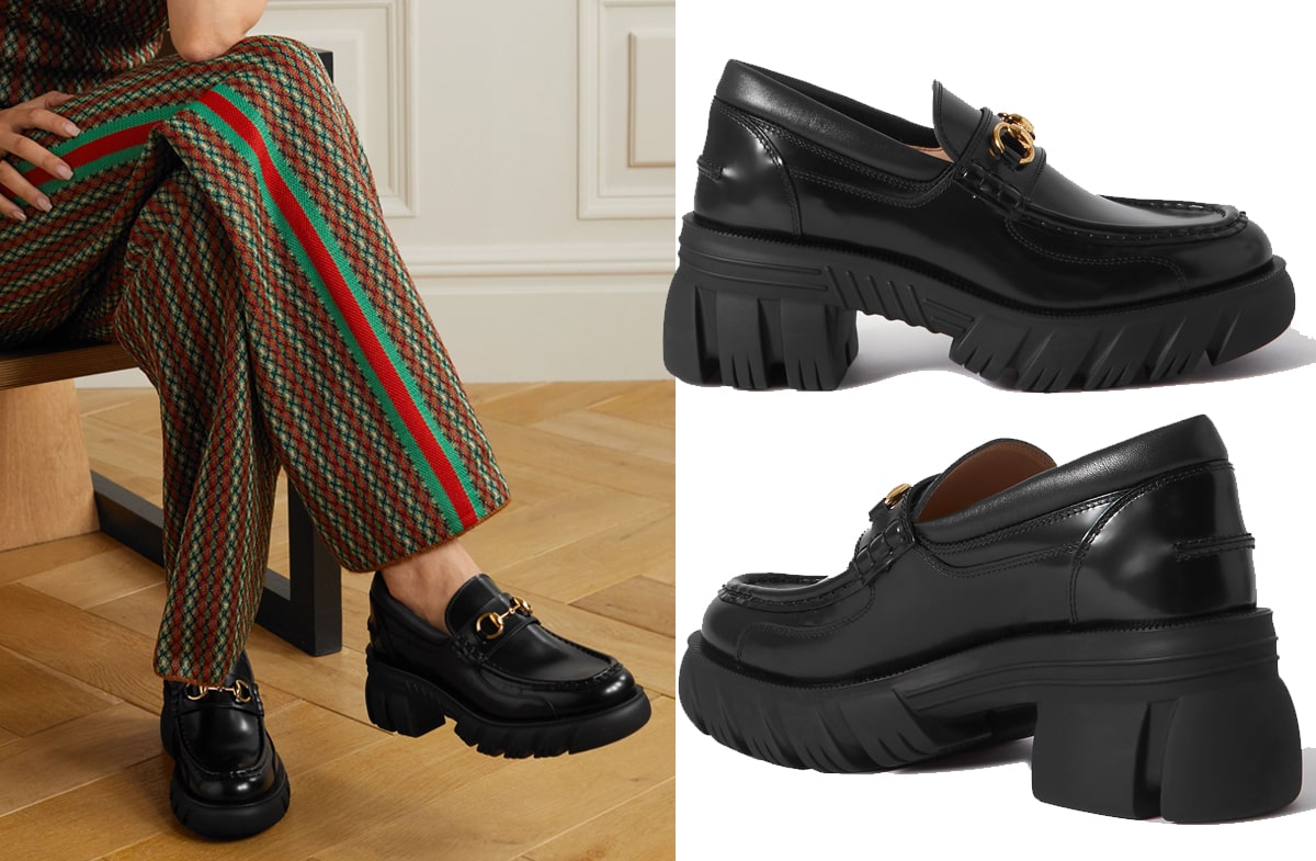 A pair of ultra stylized and retro loafers, the Gucci Romance loafers are made in Italy from black leather and set on chunky rubber platforms