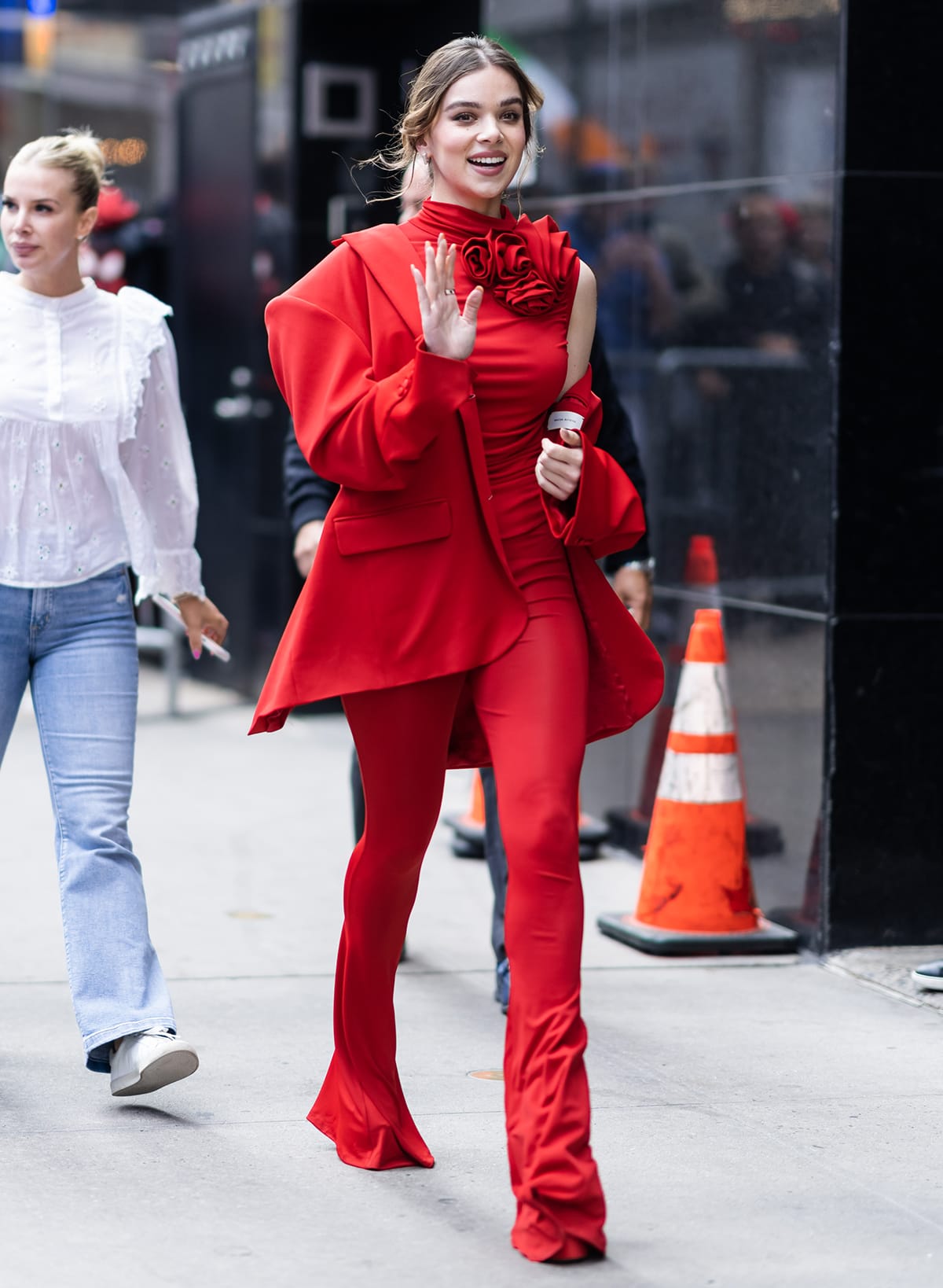 Hailee Steinfeld visits Good Morning America in a red monochromatic Magda Butrym ensemble to talk about Spider-Man: Across the Spider-Verse on May 24, 2023