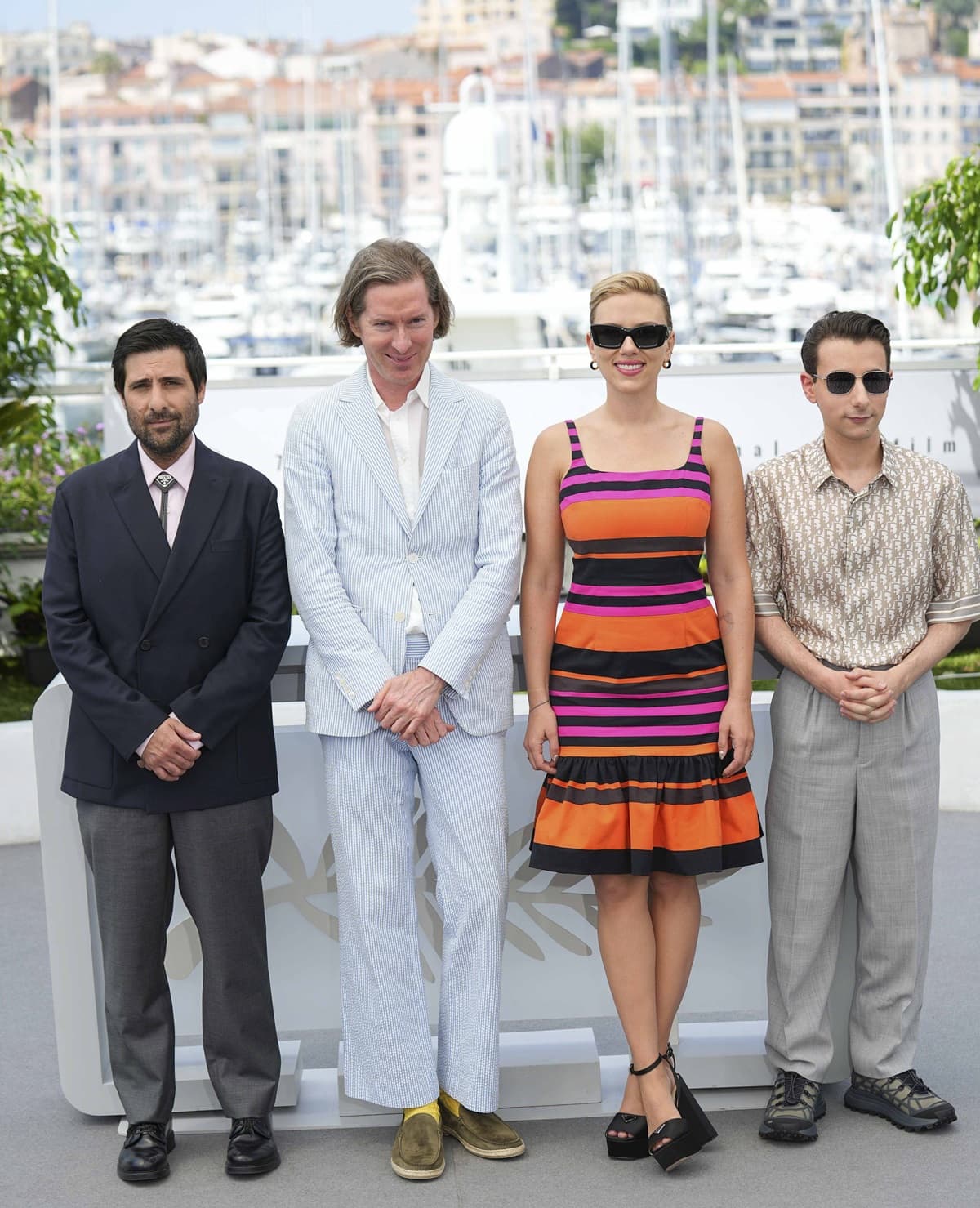 Jason Schwartzman, Wes Anderson, Scarlett Johansson, and Jake Ryan at the "Asteroid City" Photocall at the 76th Cannes Film Festival