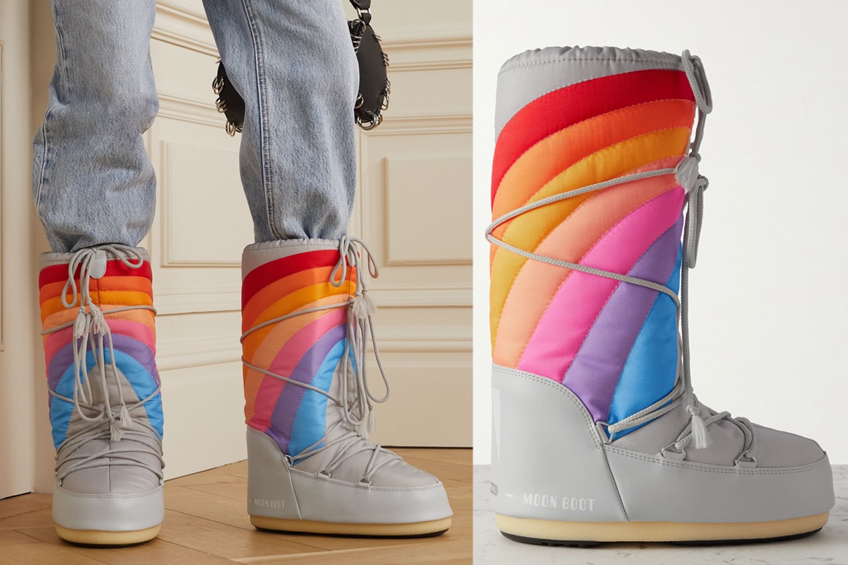 The Moon Boot Icon Rainbow showcases the brand's iconic silhouette adorned with a vibrant rainbow motif