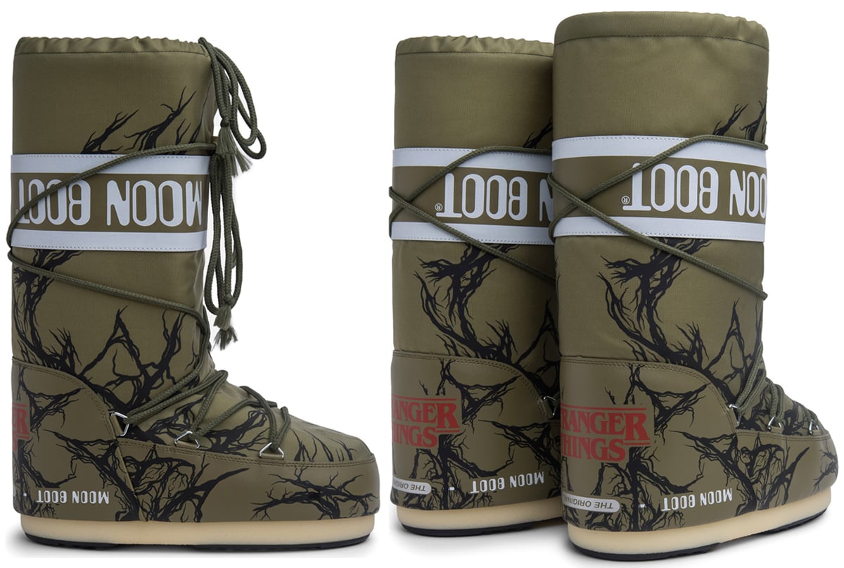 Moon Boot collaborates with Netflix's Stranger Things for a winter boot set in the Upside Down, featuring dark vines and a reversed Moon Boot logo
