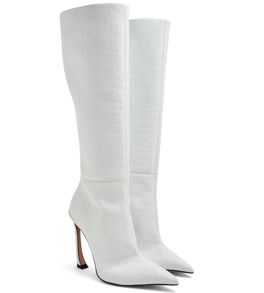 These Piferi white boots are made from croc-embossed faux leather and feature the brand's signature comma heels