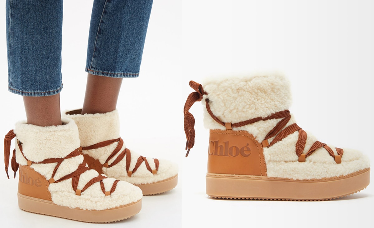 These chic moon boots are crafted from natural beige curly shearling and feature a padded collar, brown lace-up straps, and tread flatform rubber soles