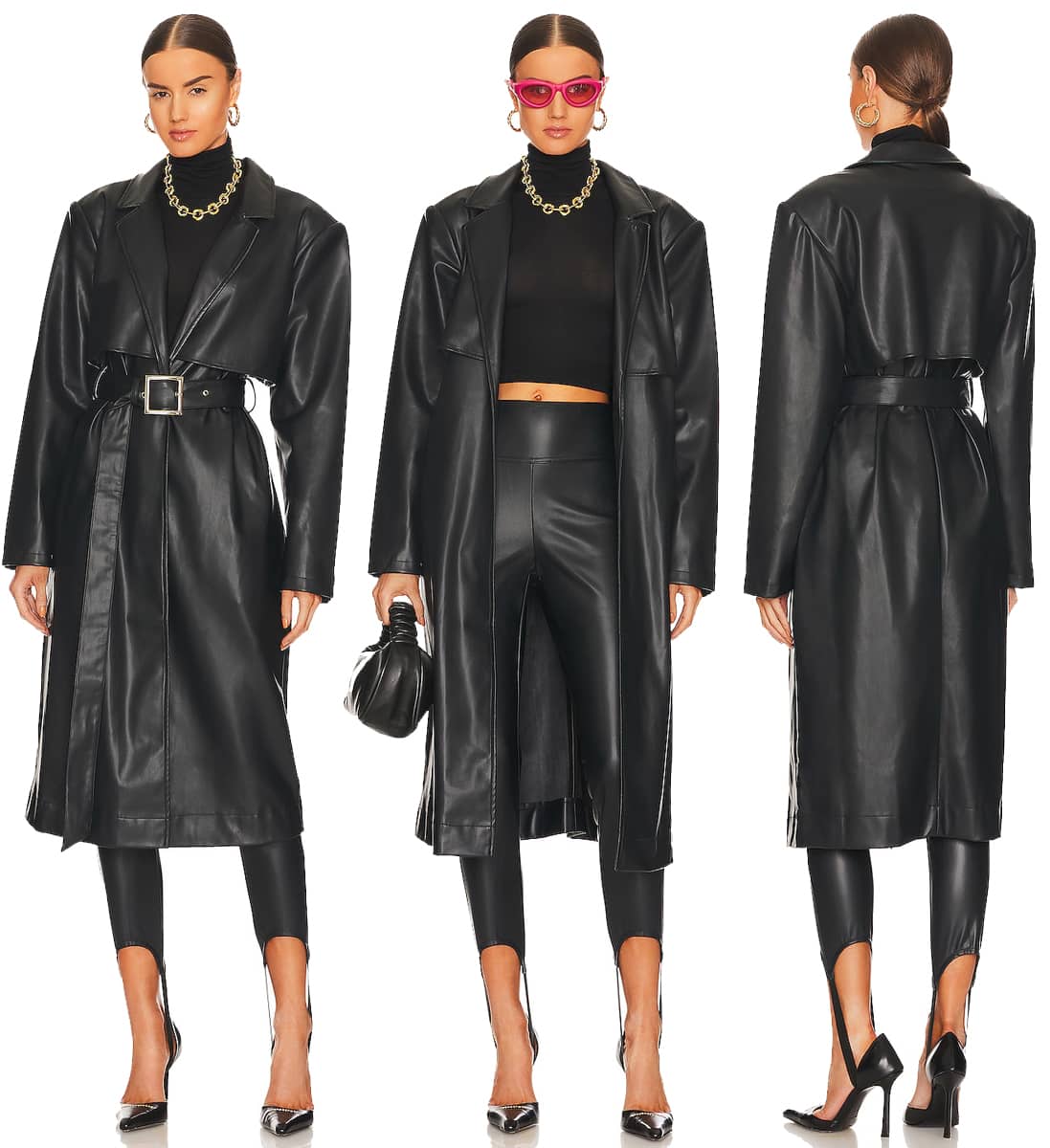 WeWoreWhat's faux leather trench coat has a front button closure, side slip pockets, and a detachable wide waist belt that gives it a contemporary streetwear vibe