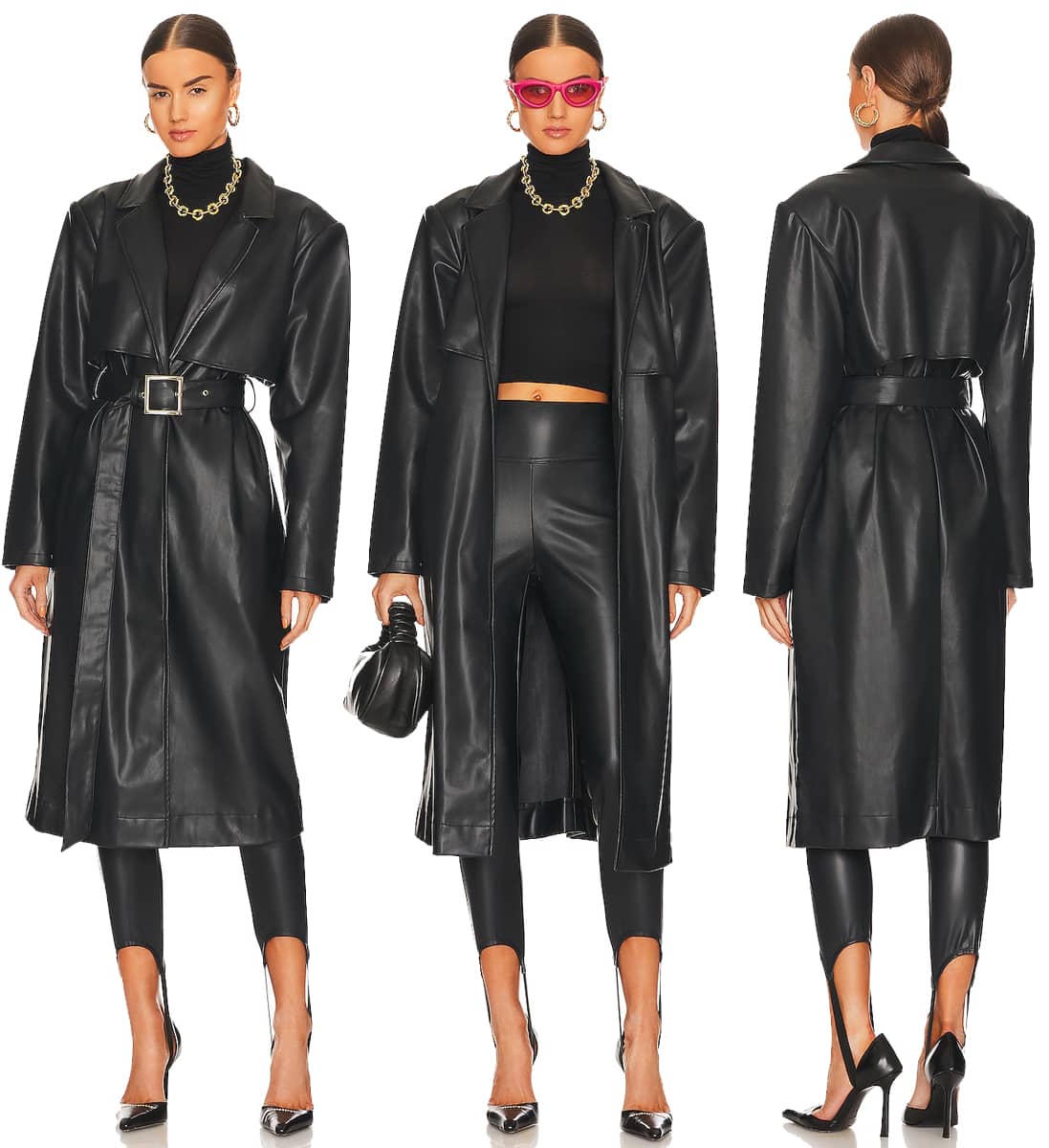 WeWoreWhat's faux leather trench coat has a front button closure, side slip pockets, and a detachable wide waist belt that gives it a contemporary streetwear vibe