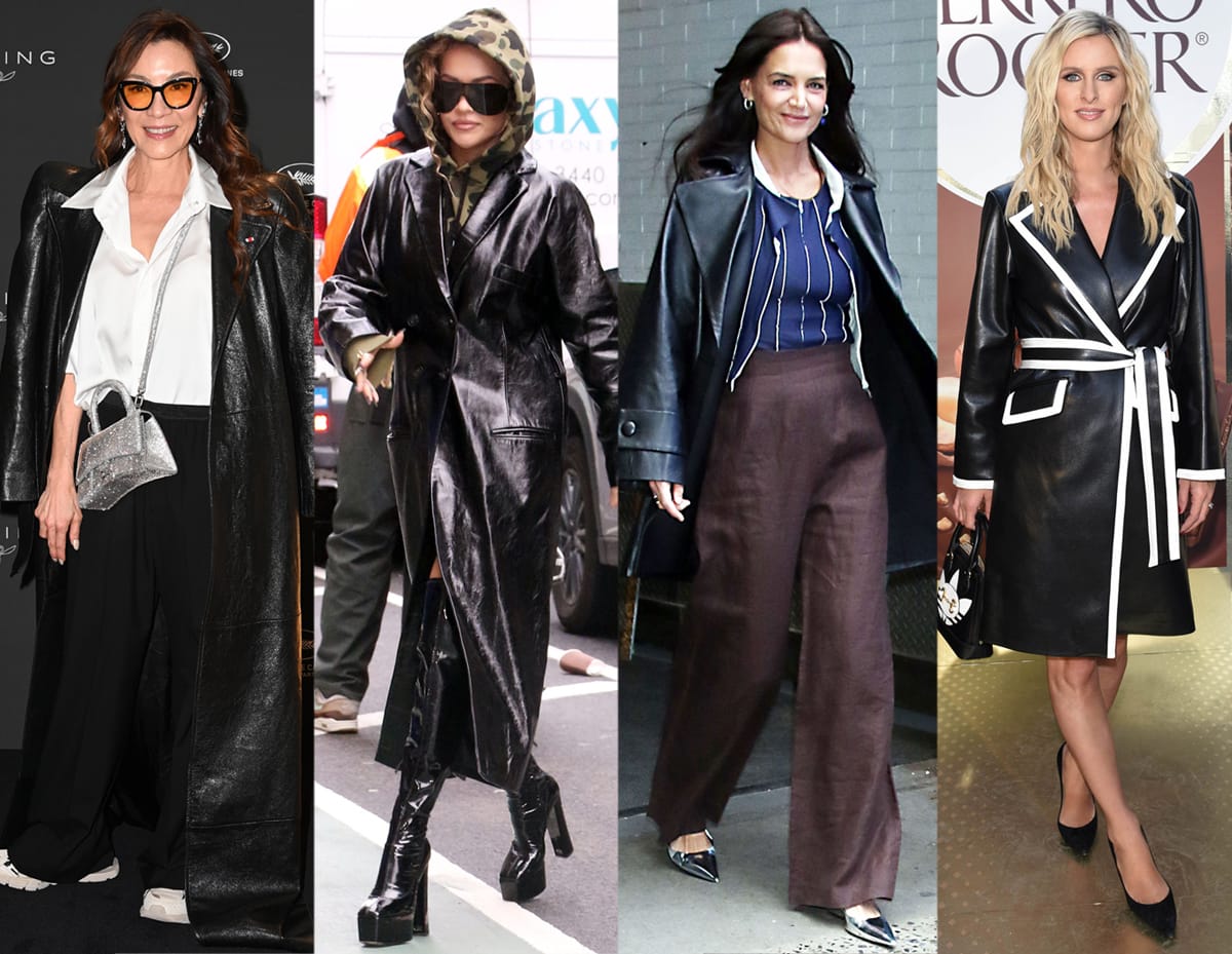 Michelle Yeoh, Rita Ora, Katie Holmes, and Nicky Hilton wearing one of the biggest fashion trends: leather trench coats