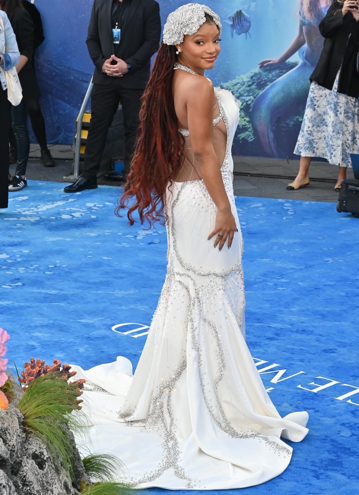 Halle Bailey’s custom Miss Sohee gown had a backless design and a flowing train that trailed behind her