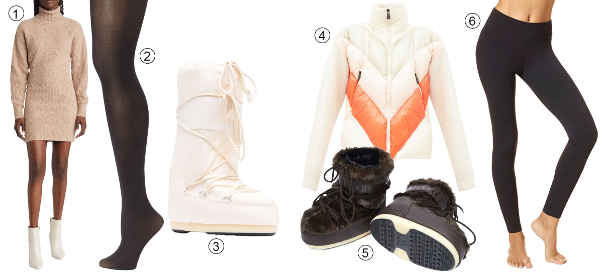 1. Lulus Fall Festivities Cable Stitch Turtleneck Sweater Dress; 2. Capezio Studio Basics Tight; 3. Moon Boot Icon Snow Boot; 4. Moncler Grenoble Striped Knit-Sleeve Quilted Down Jacket; 5. Hue Ultra Leggings; 6. Moon Boot Icon Ankle Boots
