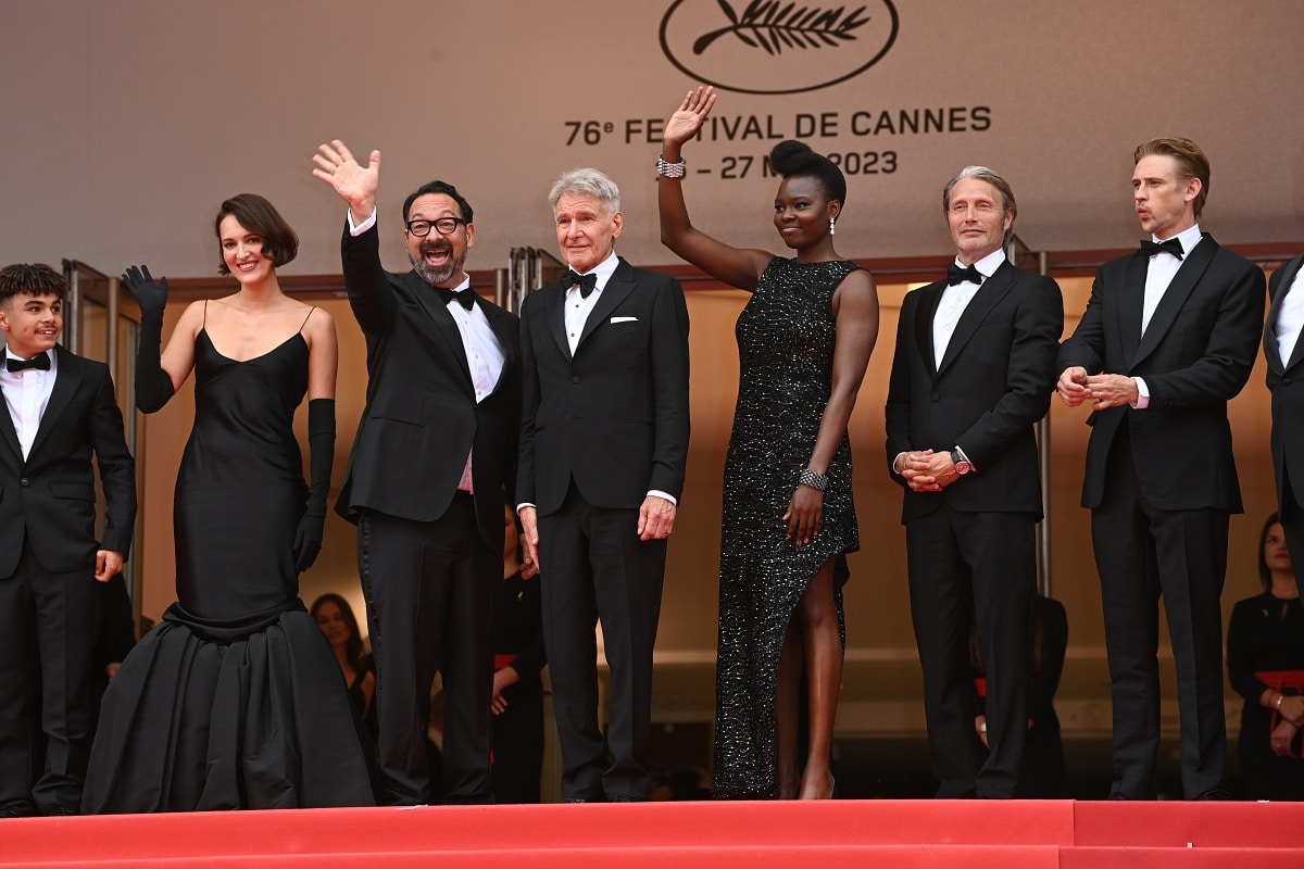 Ethann Isidore, Phoebe Waller-Bridge, James Mangold, Harrison Ford, Shaunette Renee Wilson, Mads Mikkelsen, and Boyd Holbrook at the premiere of Indian Jones and the Dial of Destiny during the 76th Cannes Film Festival