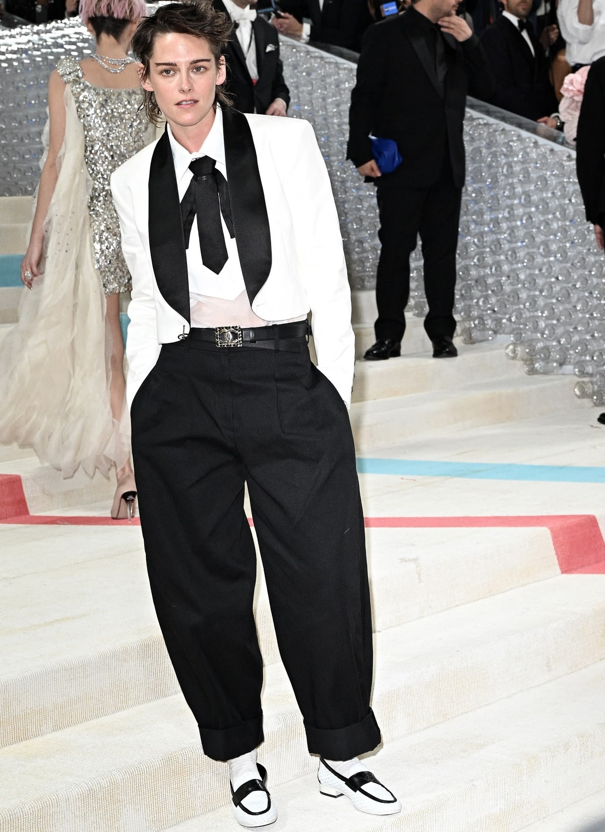 Kristen Stewart wearing a Chanel menswear-inspired suit for the 2023 Met Gala