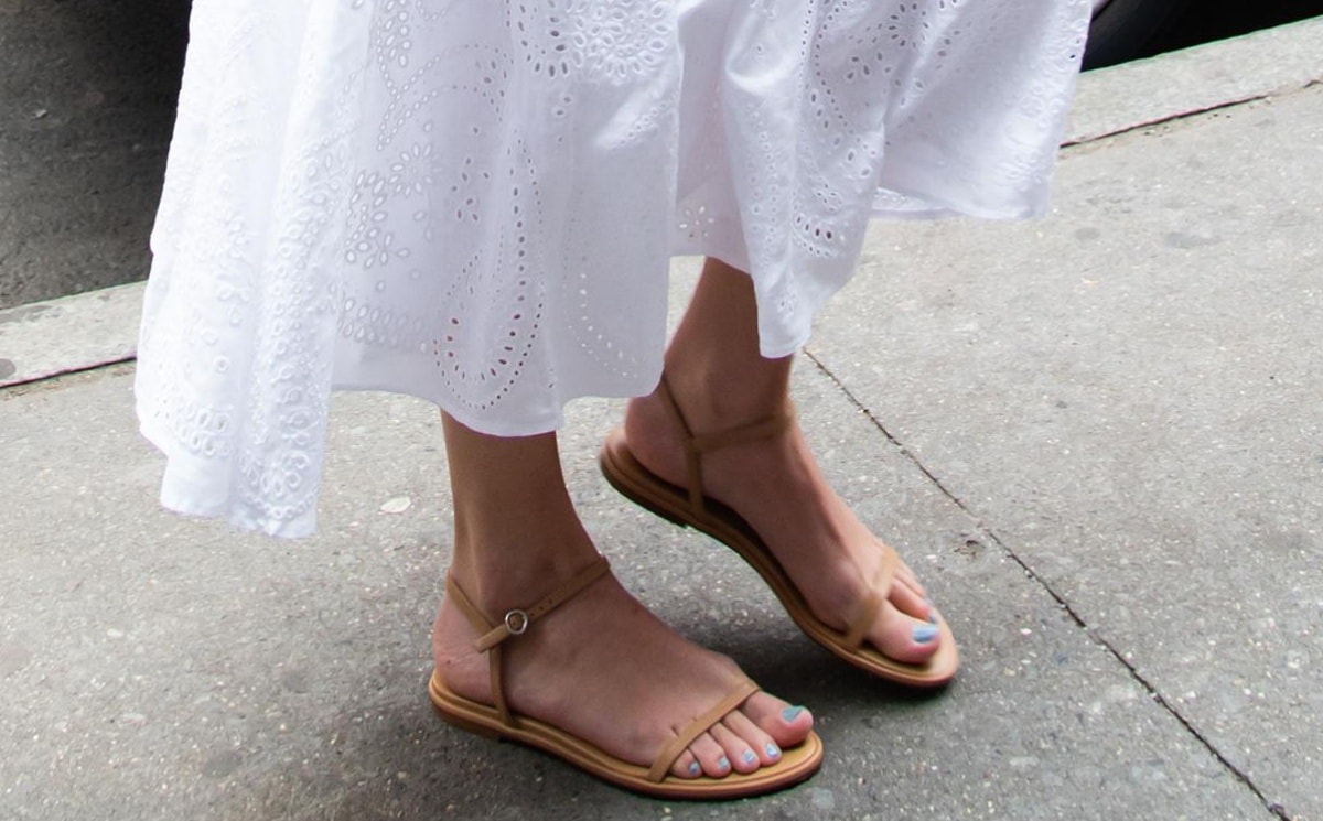 Taylor Swift wearing Aeyde Nettie hazelnut nappa leather sandals on the way to Electric Lady Studios in New York City