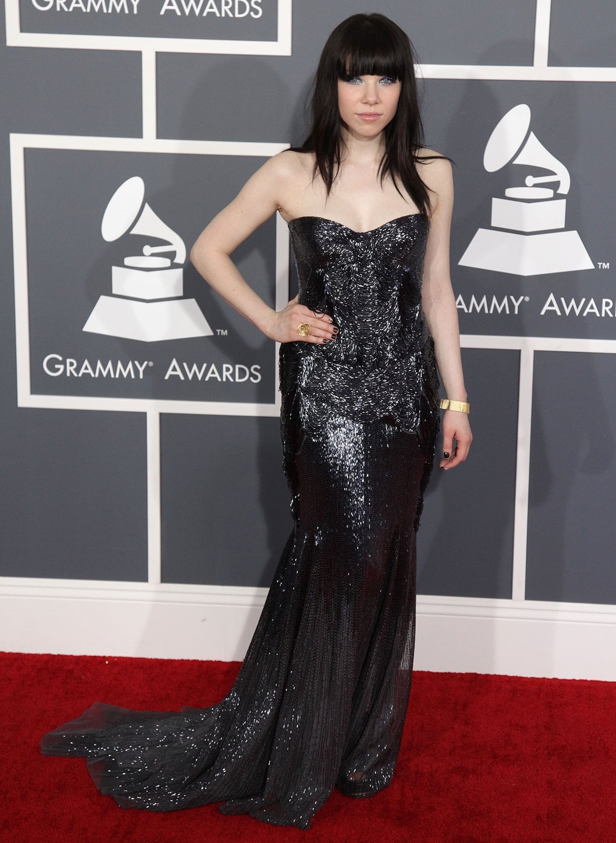Carly Rae Jepsen stunned in a gunmetal gray Roberto Cavalli dress at the 55th Annual Grammy Awards