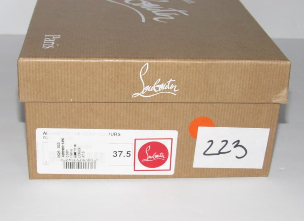 A Christian Louboutin shoe box should have the European size of the shoe, the style name, the Louboutin logo, and the shoe’s barcode