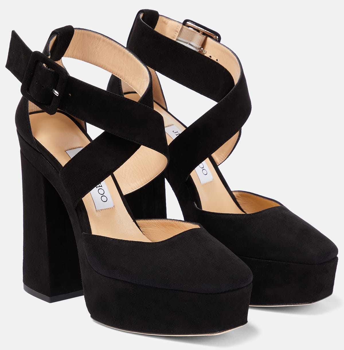 Elevate any look with the Jimmy Choo Gian pumps featuring square toes, crossover straps, and high block heels