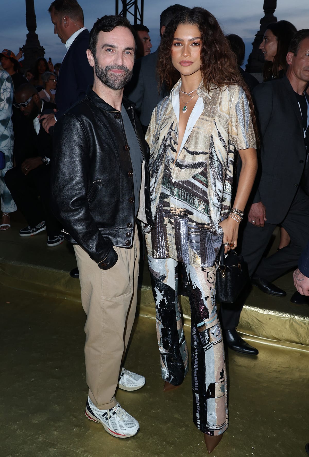 Louis Vuitton's women's creative director Nicolas Ghesquiere and actress Zendaya at the Paris Fashion Week for Pharrell Williams' debut Menswear Spring/Summer 2024 collection for Louis Vuitton held at Paris’ Pont Neuf on June 20, 2023