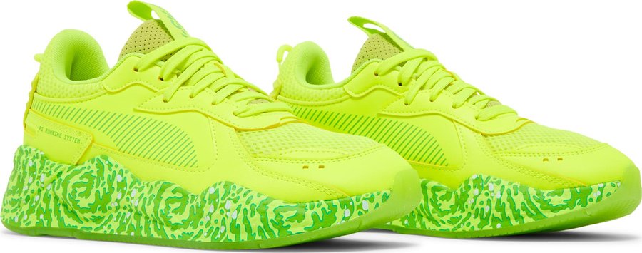 The Rick and Morty Puma RS-X "Safety Yellow" sneakers come in a neon color with a translucent green outsole inspired by the show's portal gun