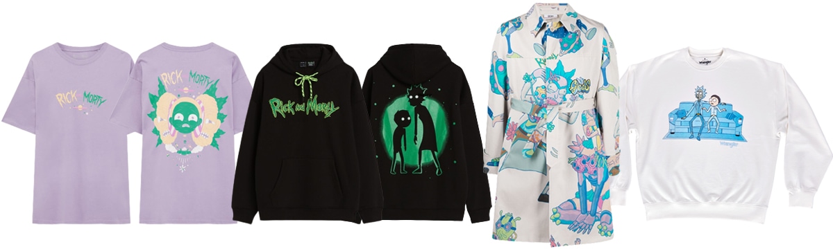 Rick and Morty has collaborated with several brands, including (L to R) Pull and Bear, Bershka, GCDS, and Wrangler