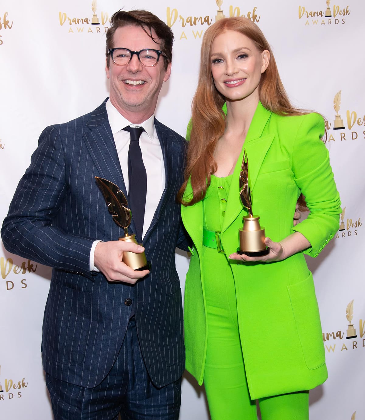 Sean Hayes and Jessica Chastain win the Outstanding Lead Performance at the 2023 Drama Desk Awards at Sardi's in NYC on June 6, 2023