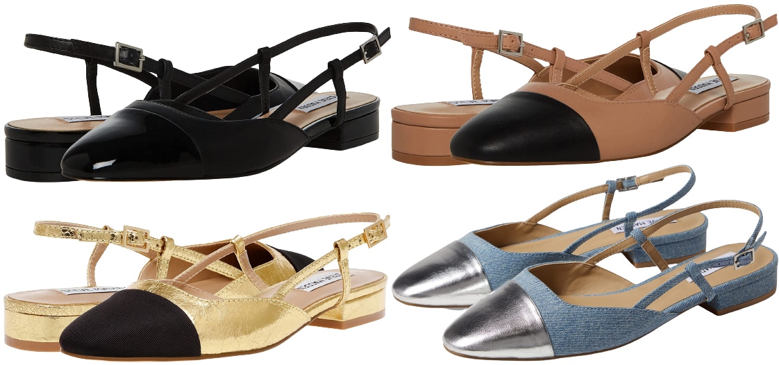 The sleek Belinda slingback flats have low block heels, almond toes, and delicate slingback straps