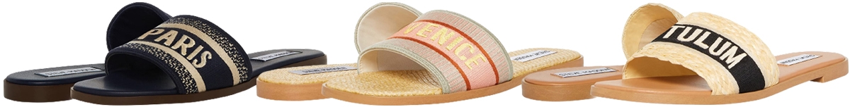 The Steve Madden Knox slides boast a single wide strap woven with everyone's favorite travel destination