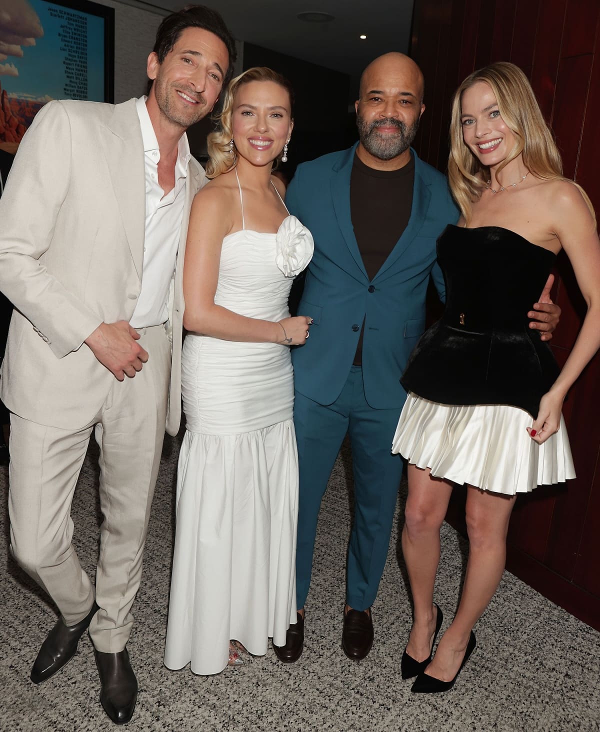 Scarlett Johansson with co-stars Adrien Brody, Jeffrey Wright, and Margot Robbie at the New York premiere of Asteroid City