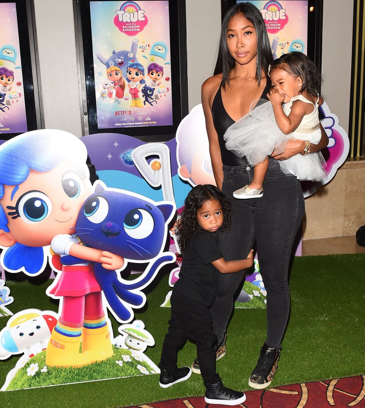 Apryl Jones with children Megaa and A’mei at the premiere of TRUE and the RAINBOW KINGDOM hosted by Pharrell Williams