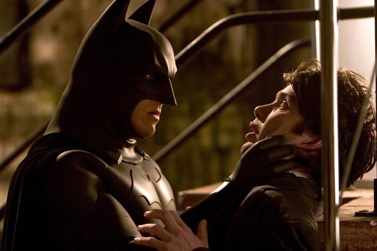 Christian Bale as Bruce Wayne/Batman and Cillian Murphy as Dr. Jonathan Crane/Scarecrow in the 2005 superhero film Batman Begins
