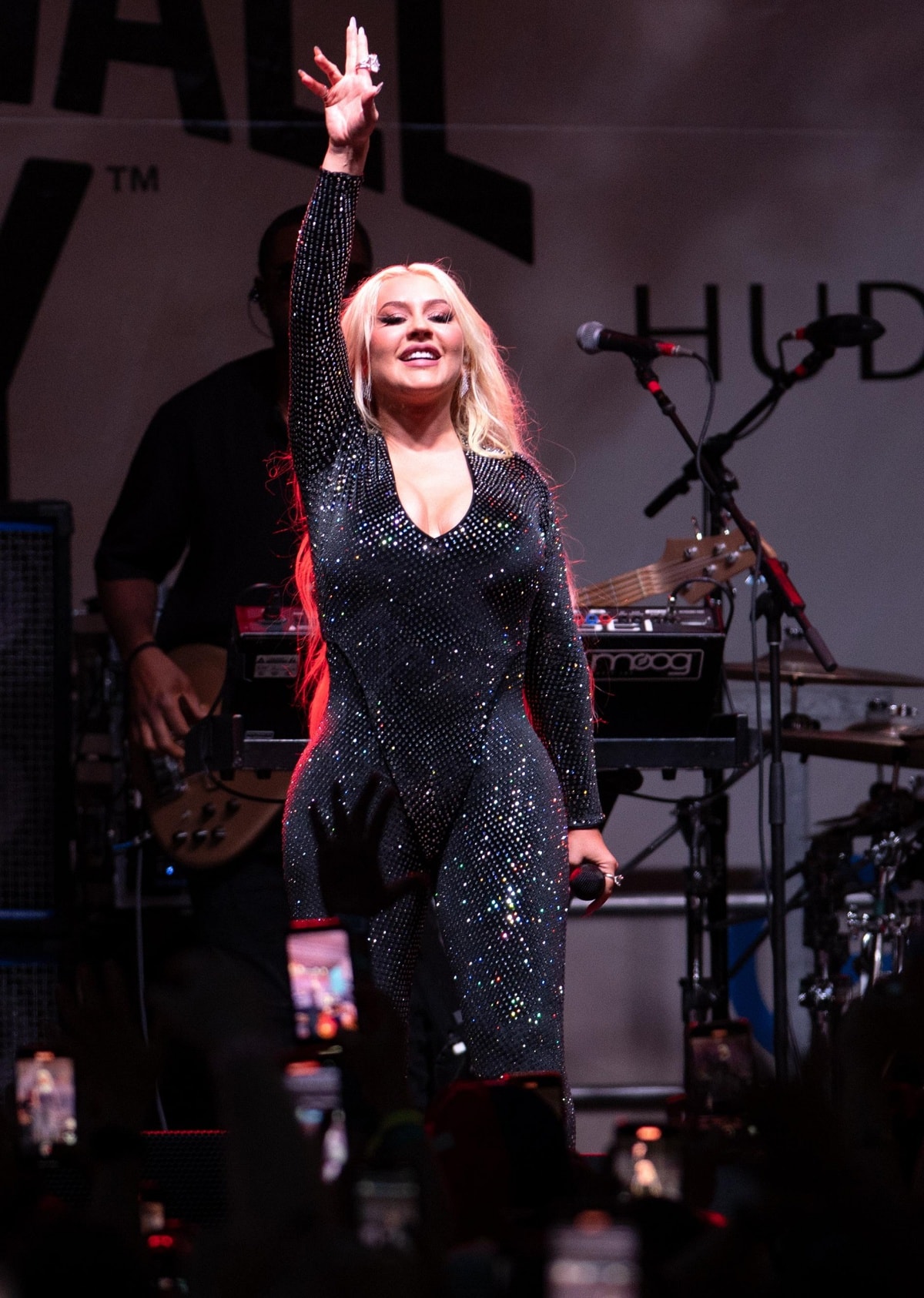 Christina Aguilera wearing an embellished black catsuit for her performance during Stonewall Day 2023
