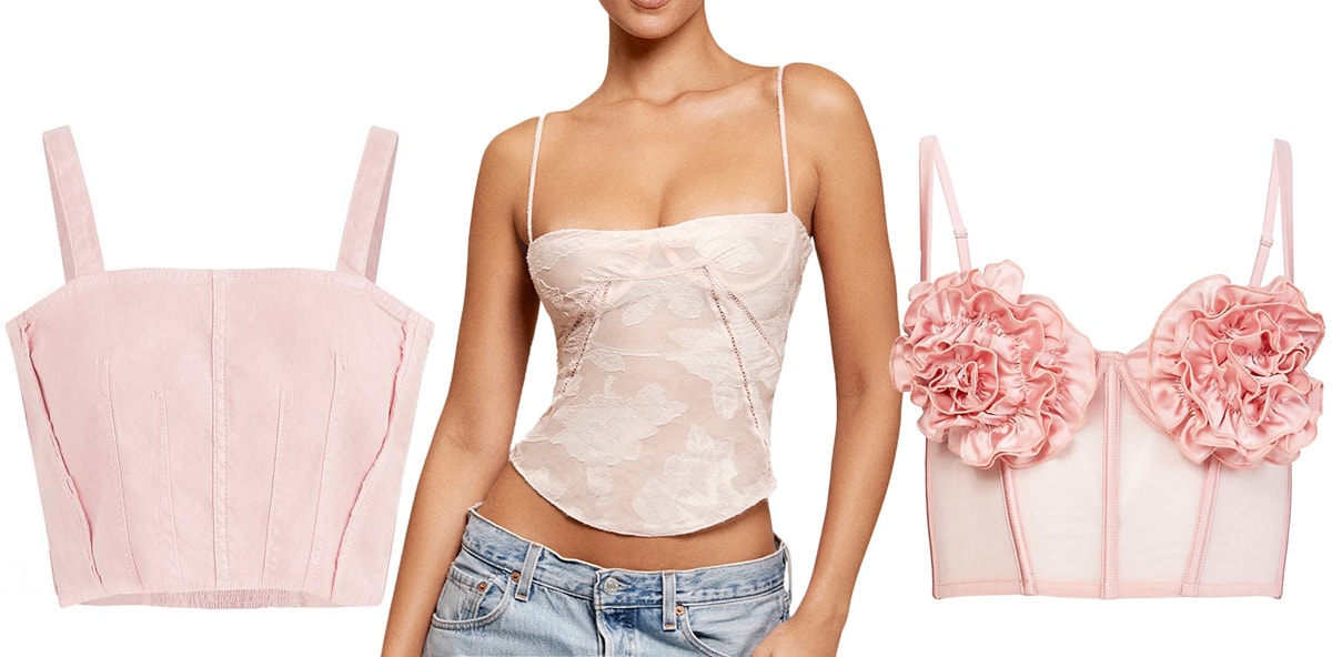 Hudson Jeans Crop Corset Top; House of CB Lisette Floral Lace Corset Camisole; Fleur du Mal Rose Cup Cropped Bustier