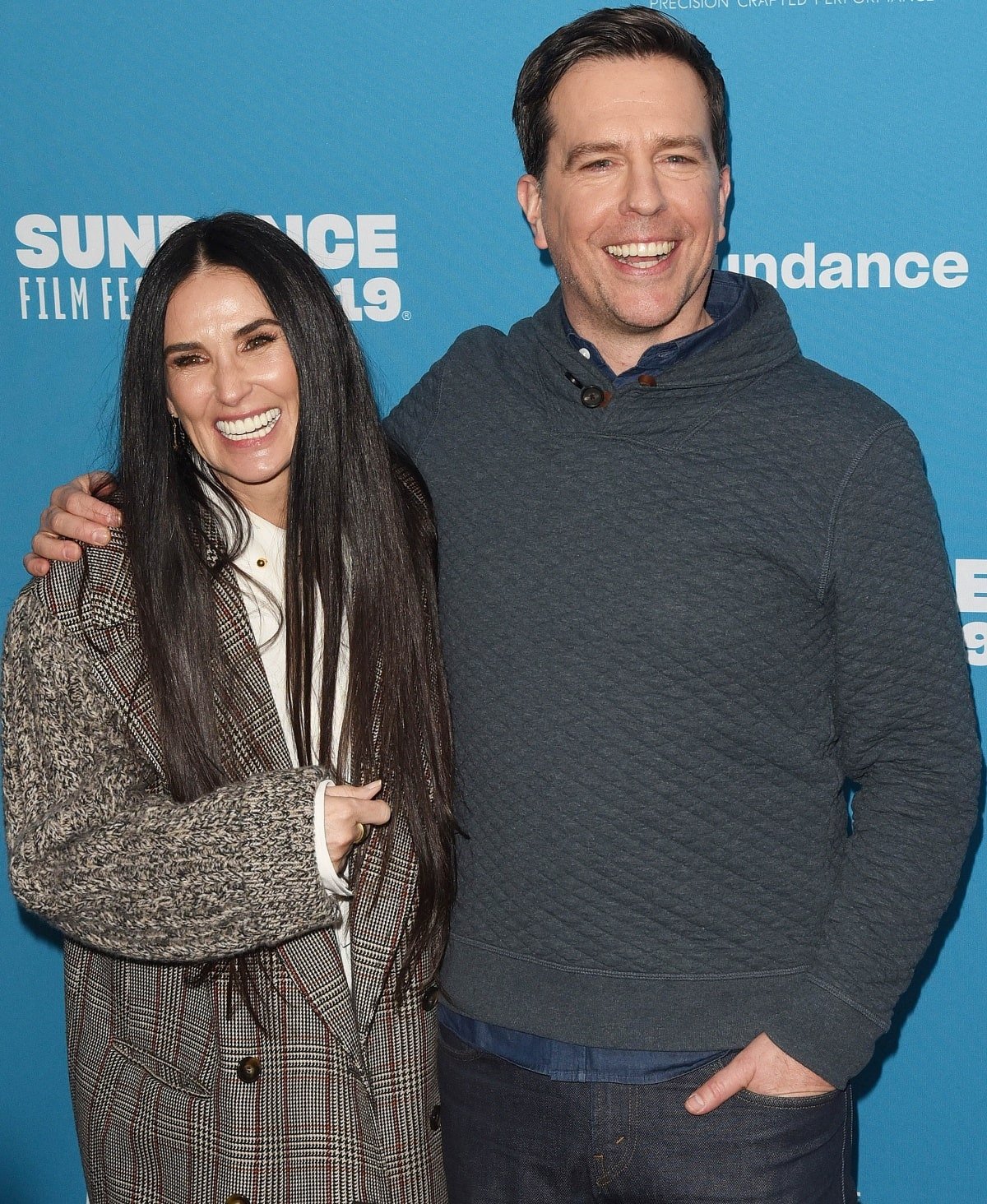 Demi Moore and Ed Helms share a laugh on the red carpet at the 2019 Sundance Film Festival, looking cozy and stylish at the premiere of Corporate Animals