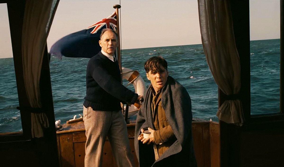 Mark Rylance as Mr. Dawson and Cillian Murphy as Shivering Soldier in the 2017 historical war film Dunkirk