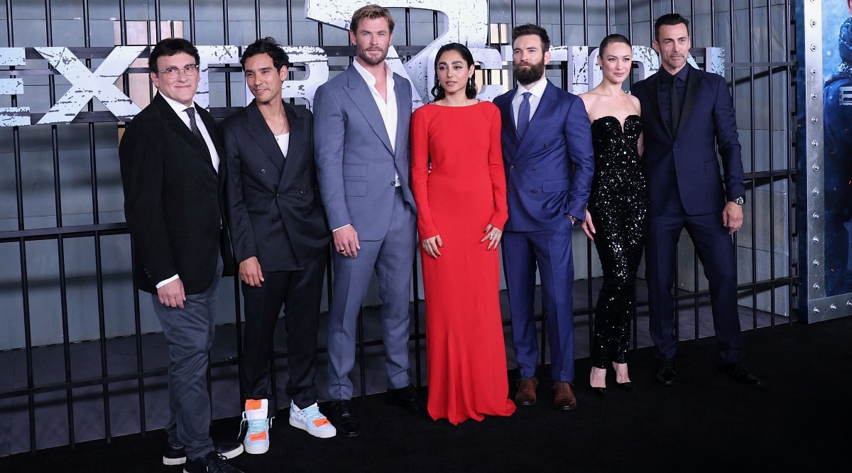 Producer Anthony Russo, Adam Bessa, Chris Hemsworth, Golshifteh Farahani, director Sam Hargrave, Olga Kurylenko, and Daniel Bernhardt at the New York premiere of Extraction 2