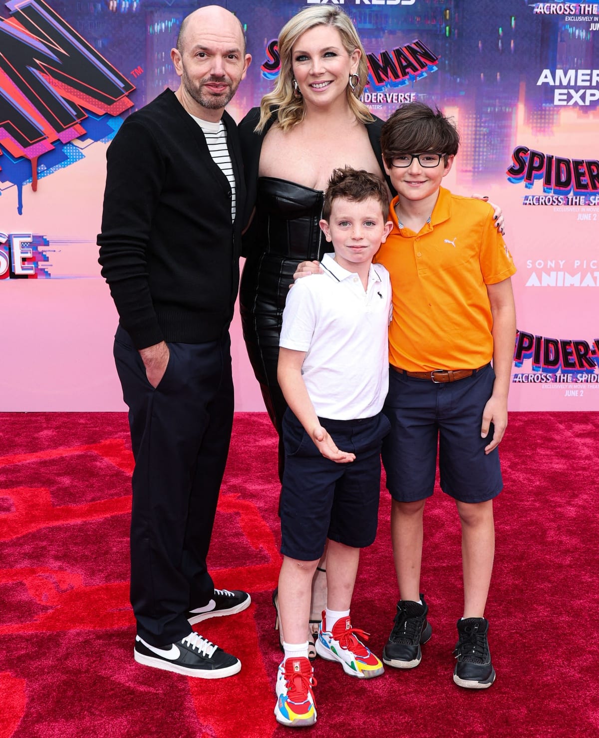 Paul Scheer and June Diane Raphael with their sons Gus and Sam at the premiere of Spider-Man: Across the Spider-Verse