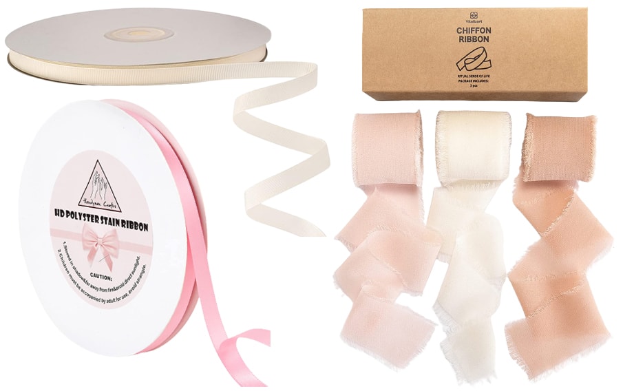 Liuyaxi Solid Ivory Grosgrain Ribbon; Handyman Crafts Pink Double Faced Satin Ribbon; Vitalizart 3 Rolls Handmade Fringe Chiffon Silk Ribbon Gauze