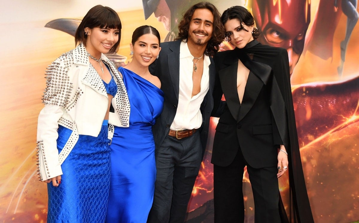 Xochitl Gomez in a studded Burberry jacket with Amanda Diaz, Michael Cimino, and Sasha Calle at the Los Angeles premiere of The Flash