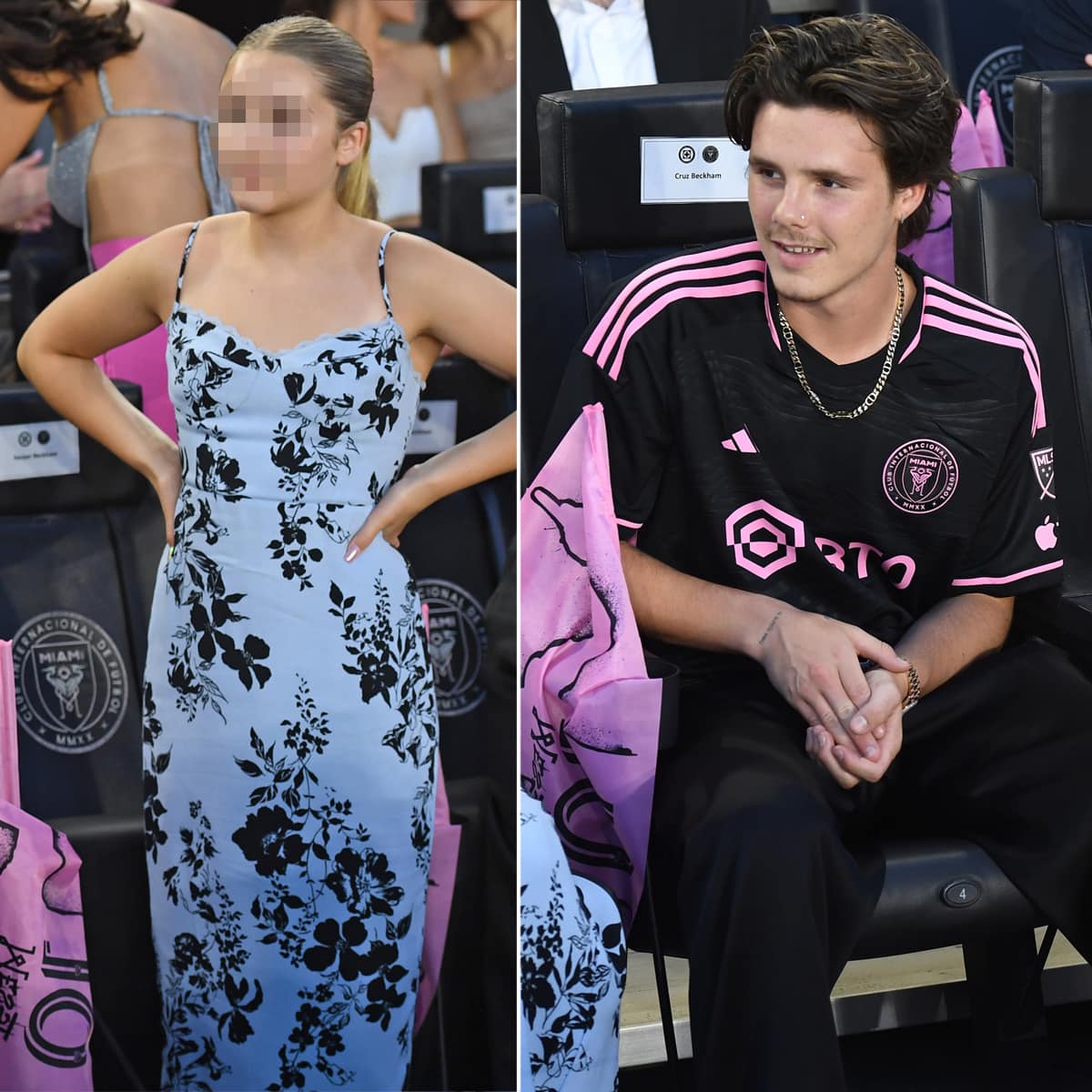 Harper Beckham, 12, wears a blue floral Reformation maxi dress while Cruz Beckham, 18, opts for casual-sporty in a black and pink Adidas Inter Miami jersey