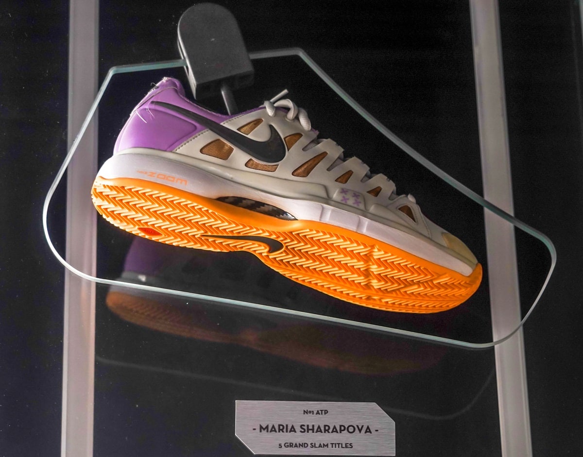 Maria Sharapova's Nike tennis shoes on display at the Rafa Nadal Museum and Rafa Nadal Tennis Centre in Costa Mujeres, Mexico