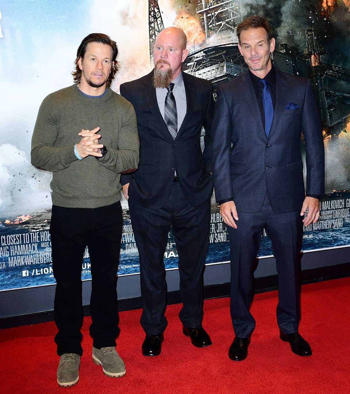 Mark Wahlberg poses with real-life Deepwater Horizon survivor Mike Williams and director Peter Berg at the European Premiere of Deepwater Horizon