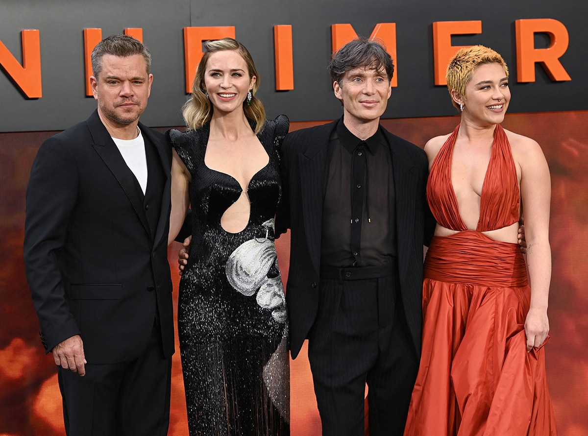 Matt Damon, Emily Blunt, Cillian Murphy, and Florence Pugh pose together at the London premiere of their new movie Oppenheimer