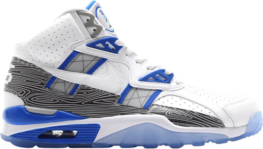 Released in 2014 as a tribute to Bo Jackson, the "Broken Bats" edition of the Nike Air Trainer SC High PRM QS showcases a white leather upper with black and grey accents, a speckled white midsole, black outsole, and special details like a cracked bat graphic on the tongue and a broken bat hangtag, honoring Jackson's legacy of breaking bats in MLB