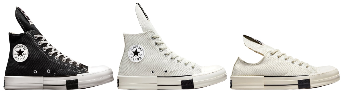 Rick Owens has reinvented Converse's classic Chuck 70 sneakers, featuring Owens' signature DRKSHDW elongated tongue, branded wraparound woven label, and signature Rick Owens molded rubber heel