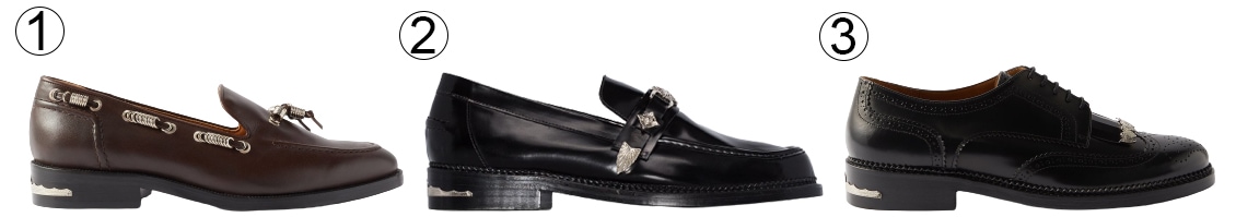1. Toga Virilis Metal-Bead Leather Loafer; 2. Toga Virilis Buckled Strap Loafer; 3. Toga Virilis Polida Fringed Leather Brogues
