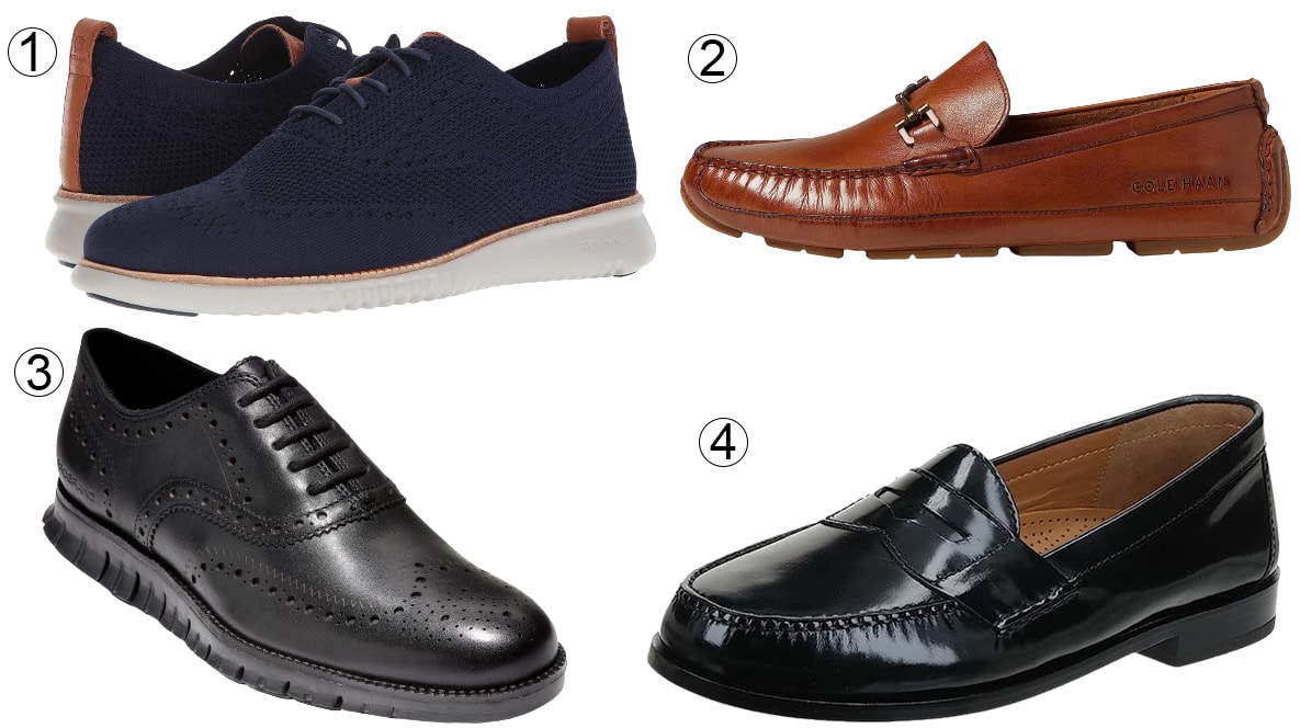 1. Cole Haan 2.Zerogrand Stitchlite Oxford; 2. Cole Haan Wyatt Bit Driver; 3. Cole Haan ZeroGrand Wingtip Derby; 4. Cole Haan Pinch Penny Loafer