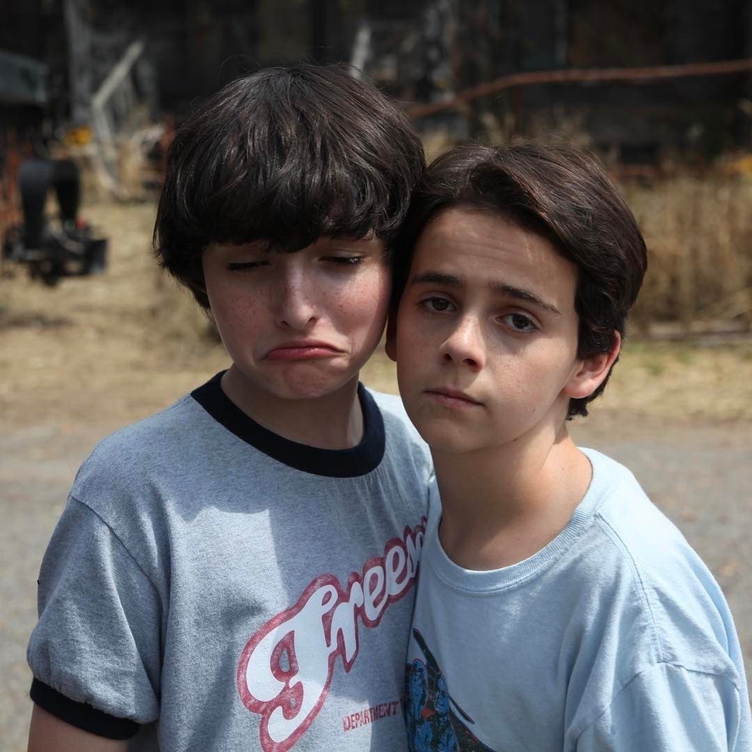 Behind-the-scenes image of Finn Wolfhard and Jack Dylan Grazer while filming the 2017 supernatural horror film IT