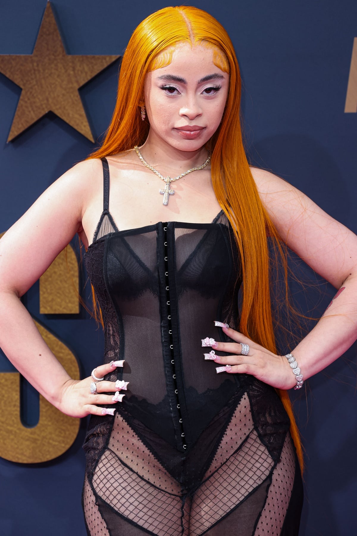 Ice Spice making a bold statement in Dolce & Gabbana on the red carpet at the 2023 BET Awards