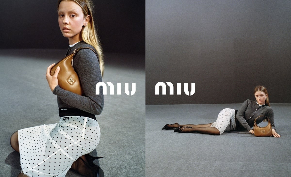 Mia Goth comes back from walking in the Fall/Winter 2023 runway to model the brand’s bag, knitwear, and chic pencil skirt