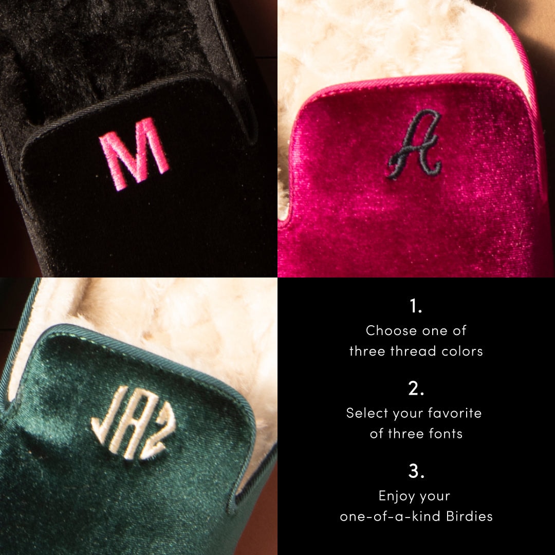 Birdies shoes can be personalized by having them monogrammed with your choice of three font styles and thread colors in-store or online