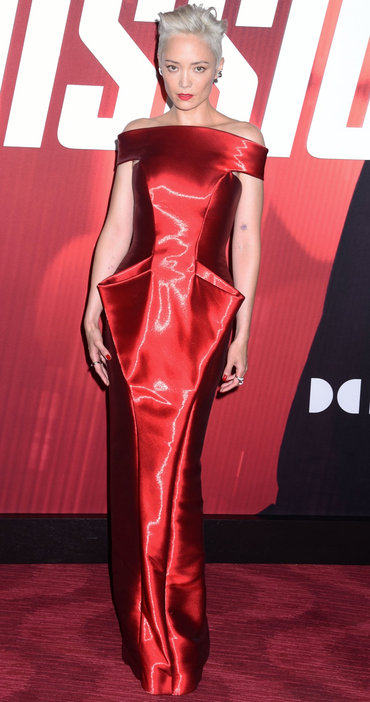 Pom Klementieff looking stunning in a red Armani Privè Spring 2011 Couture gown at the New York premiere of Mission: Impossible – Dead Reckoning Part One