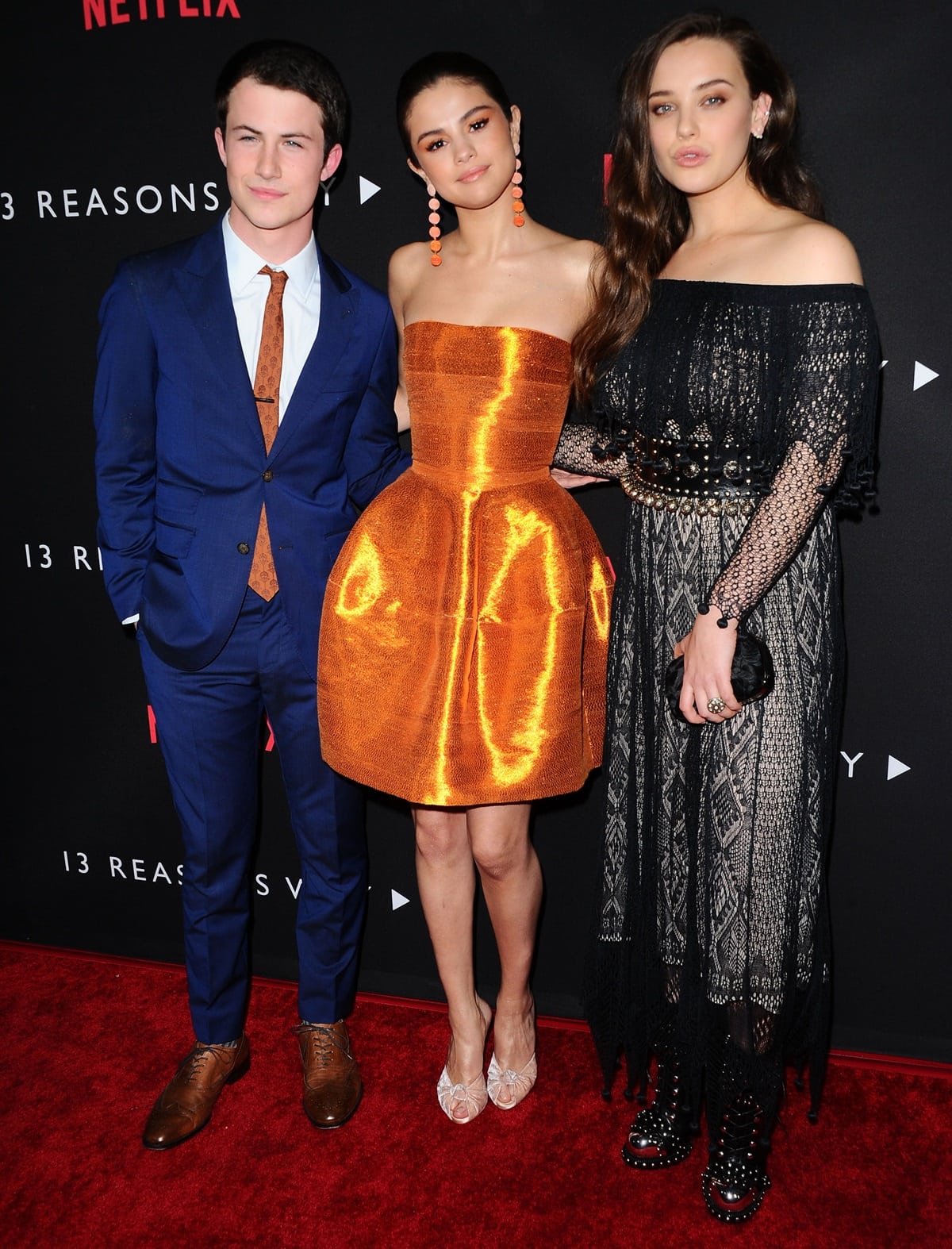 Actors Dylan Minnette, Selena Gomez and Katherine Langford attend the Premiere of Netflix's "13 Reasons Why"