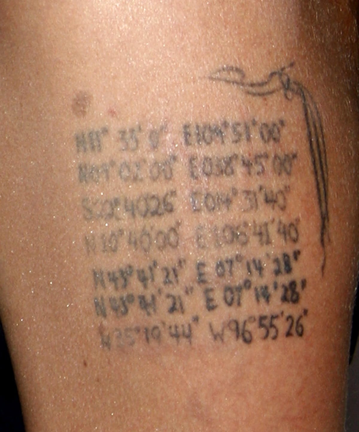 Angelina Jolie replaced the dragon tattoo on her left arm with geographical coordinates representing the birthplaces of her children, adding a seventh location for her then-husband Brad Pitt's birthplace in Shawnee, Oklahoma, with the tattoo's significance being easily recognizable due to the latitude and longitude markers